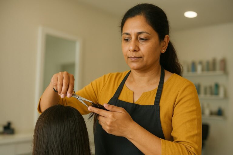 Rekha Praciticing for Hairdresser Course